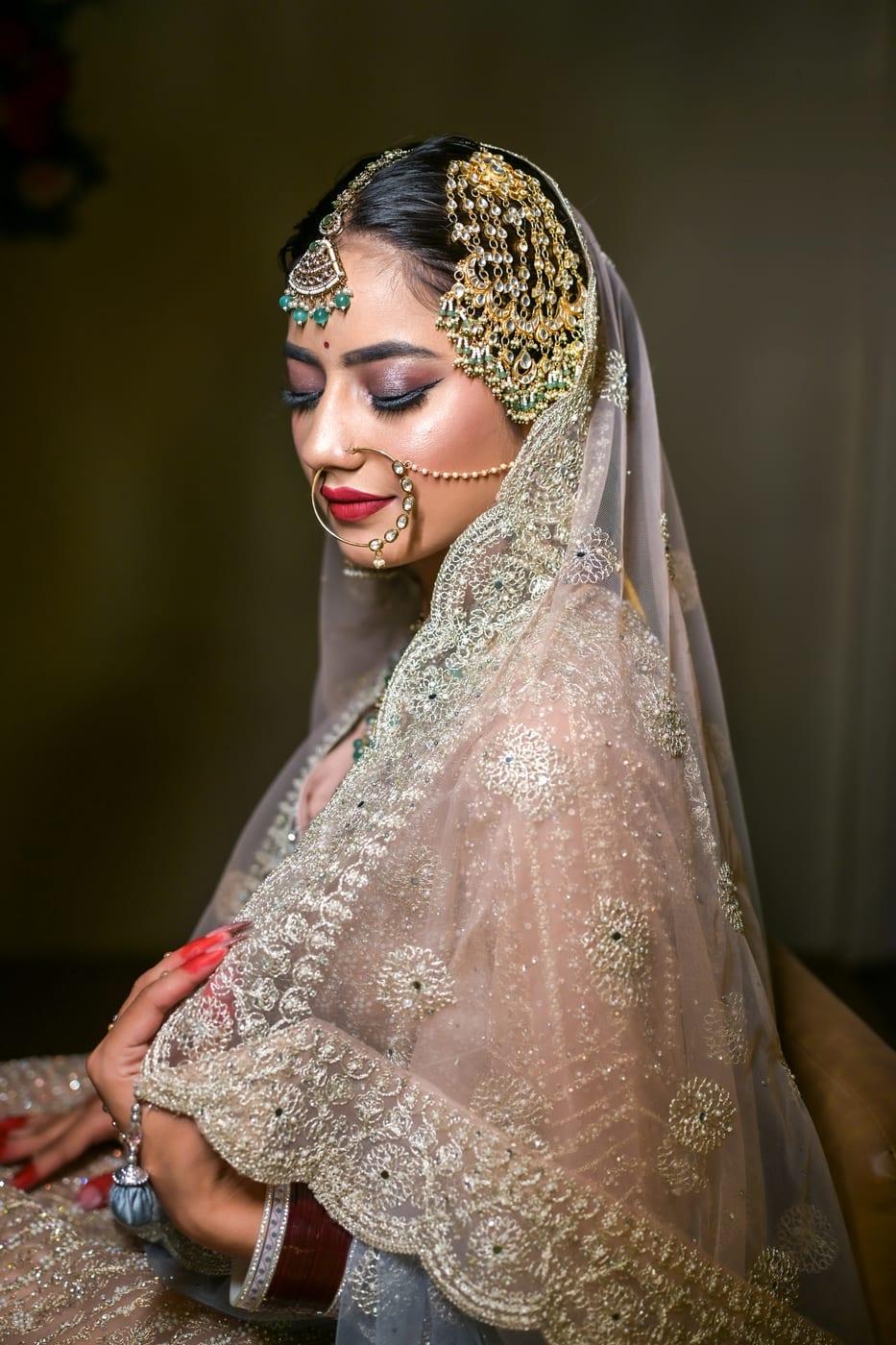 Ivory and gold bride, soft glam close-up